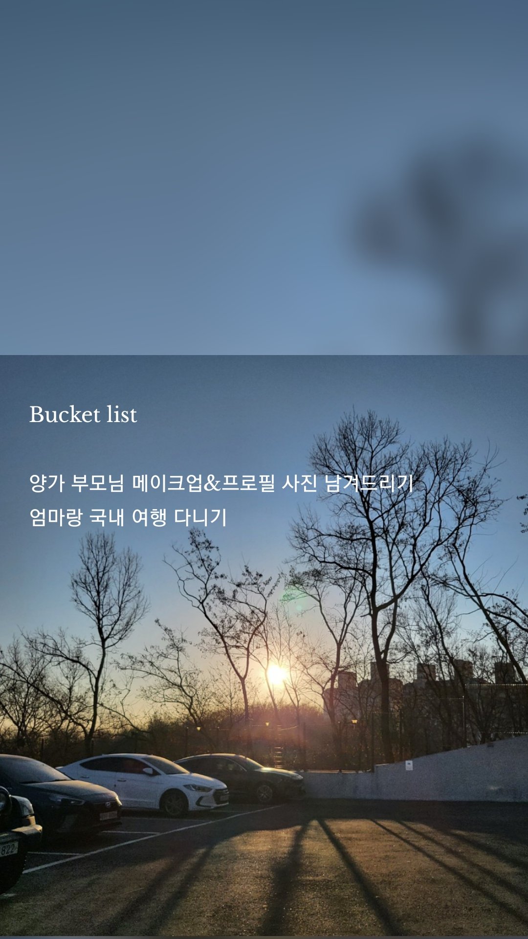 Bucket list

양가 부모님 메이크업&프로필 사진 남겨드리기
엄마랑 국내 여행 다니기